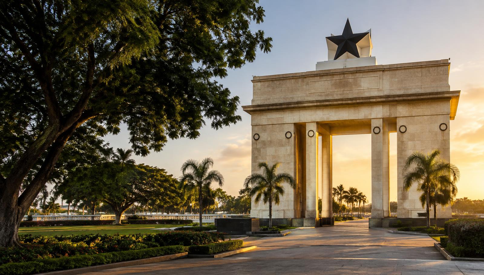 Ghanaian architecture at golden hour in Accra